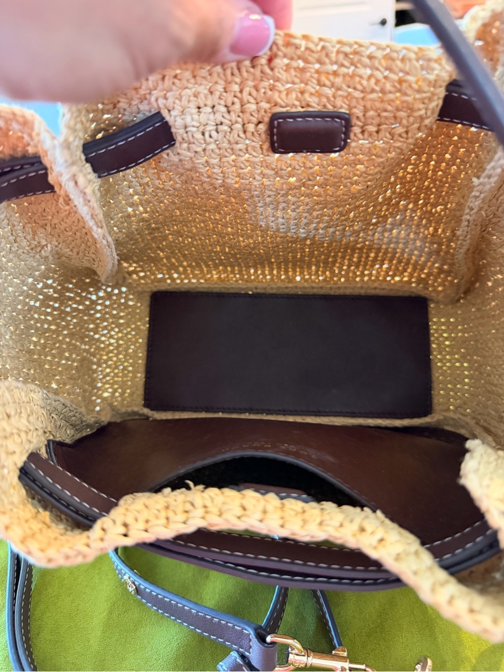 Like New Woven Straw Tote Bag with Brown Leather Trim - Picture 10 of 12